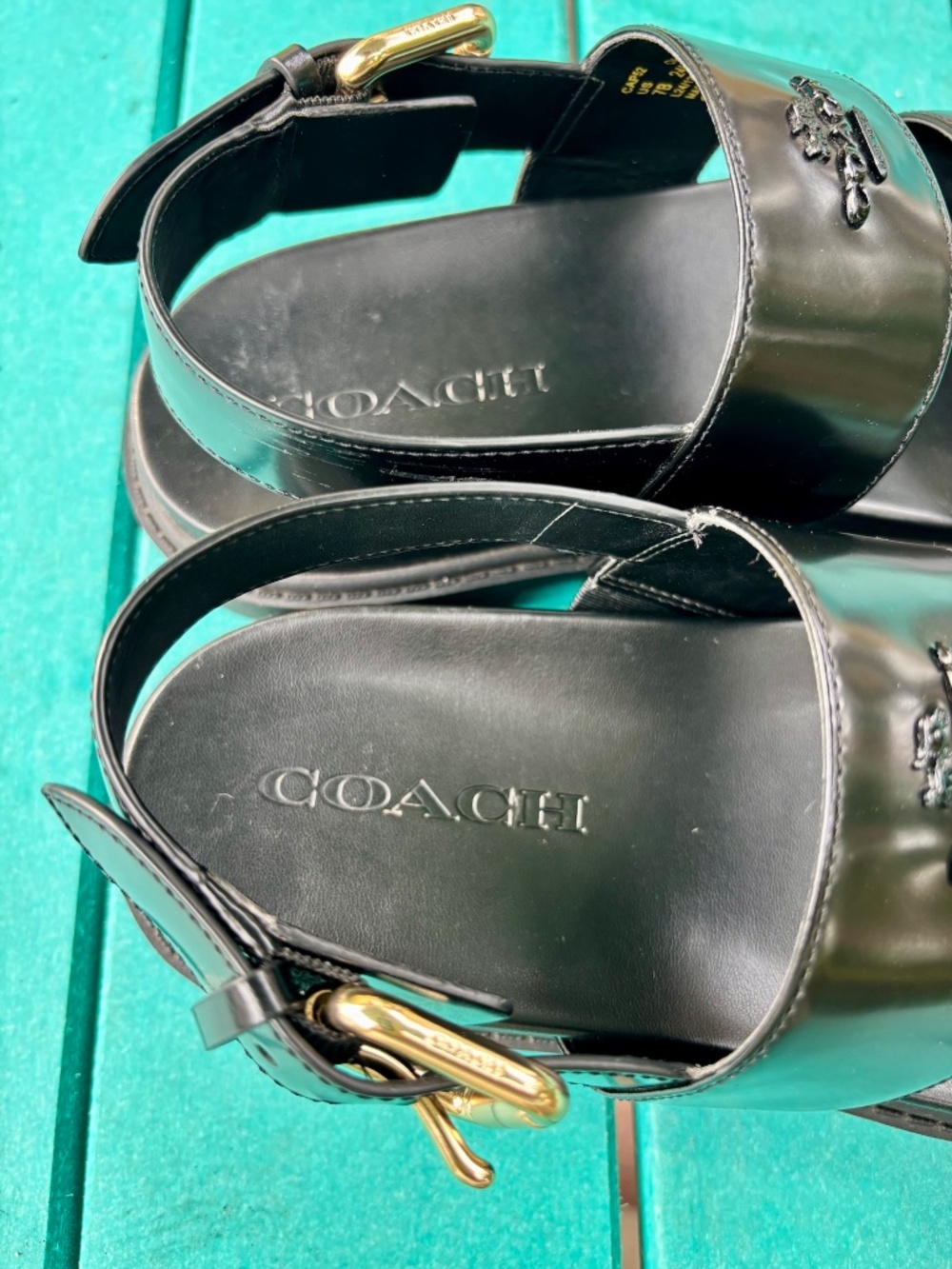 COACH Lockup Two Band Sandals Black Leather Gold-Tone Buckle Size 7 - Picture 9 of 10